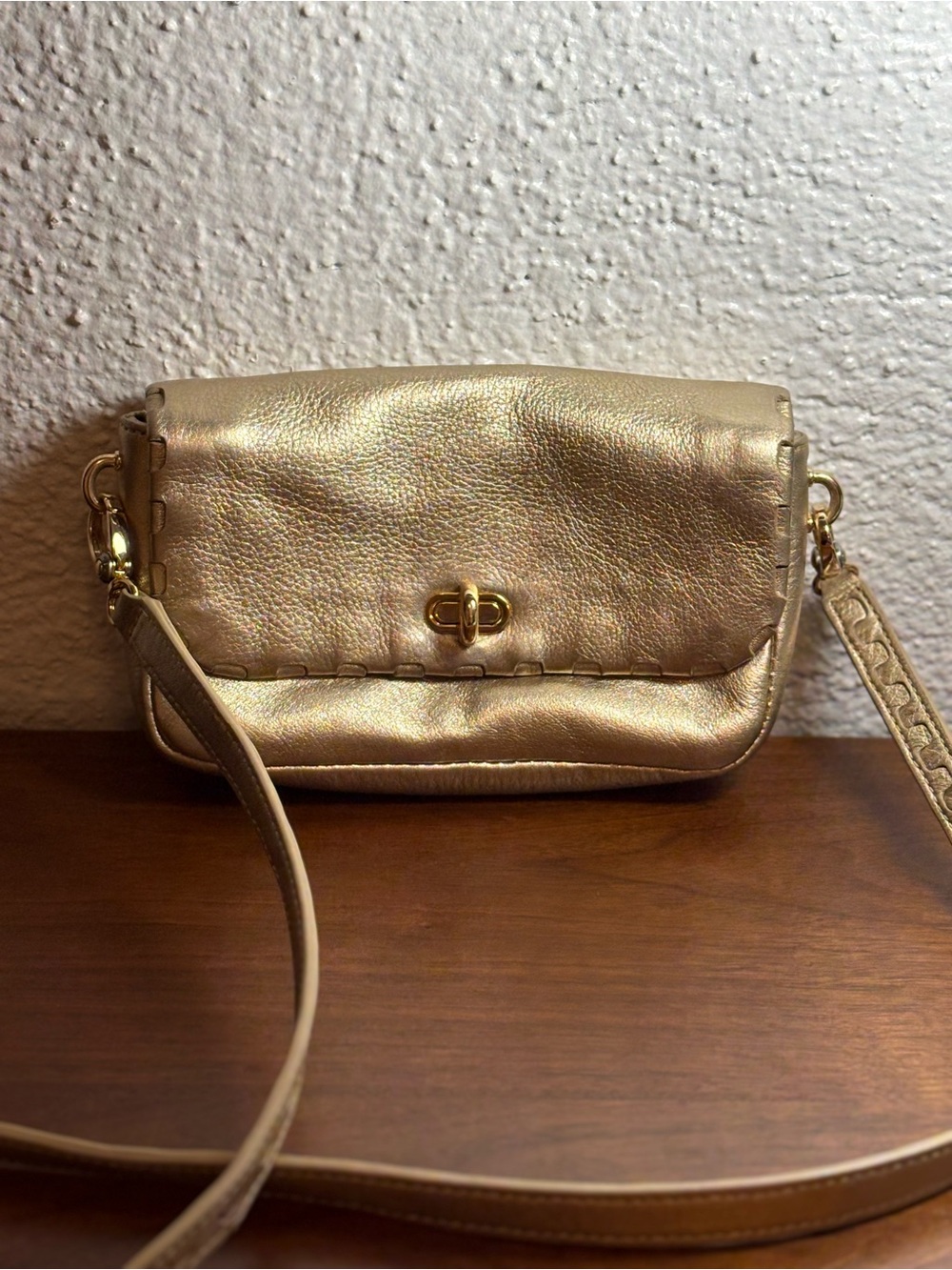 Henri Bendel Mini Metallic Gold Leather Crossbody Bag